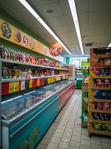 aisles of processed food in the grocery store
