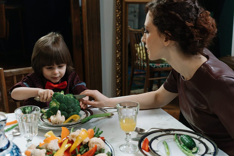 A mother struggles to get her young son to eat dinner